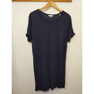 Vince Cotton Tunic Top Navy Blue Crew Neck Short Sleeve Side Slit Women's M